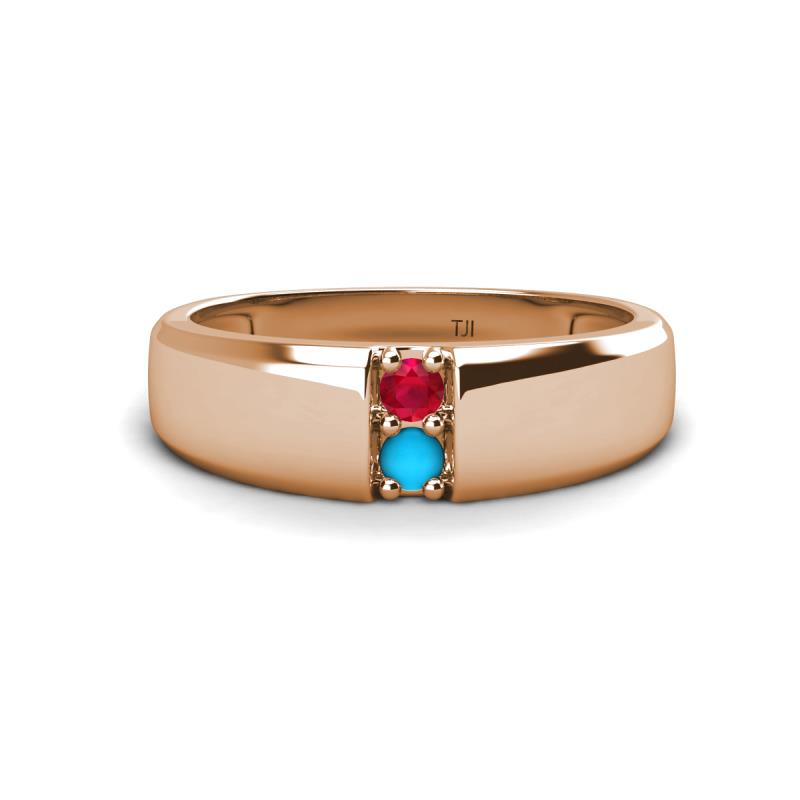 Ethan 3.00 mm Round Ruby and Turquoise 2 Stone Men Wedding Ring 