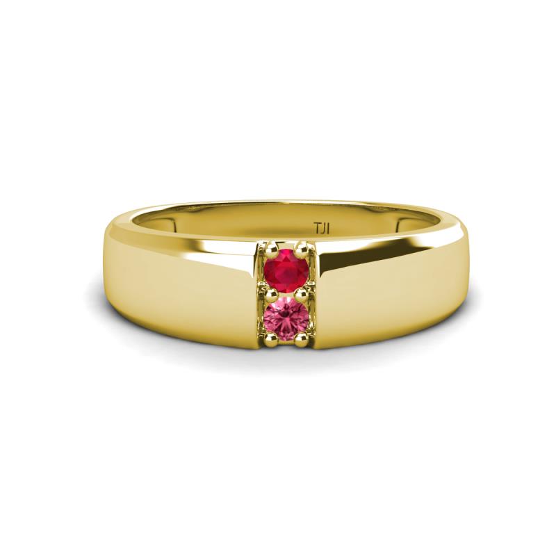 Ethan 3.00 mm Round Ruby and Pink Tourmaline 2 Stone Men Wedding Ring 