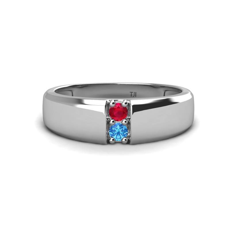 Ethan 3.00 mm Round Ruby and Blue Topaz 2 Stone Men Wedding Ring 