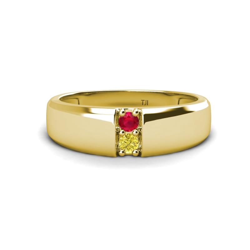 Ethan 3.00 mm Round Ruby and Yellow Diamond 2 Stone Men Wedding Ring 
