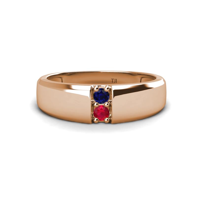 Ethan 3.00 mm Round Blue Sapphire and Ruby 2 Stone Men Wedding Ring 