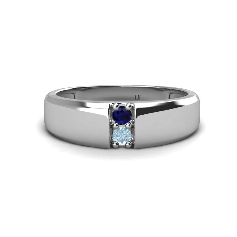 Ethan 3.00 mm Round Blue Sapphire and Aquamarine 2 Stone Men Wedding Ring 