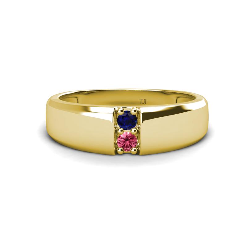 Ethan 3.00 mm Round Blue Sapphire and Pink Tourmaline 2 Stone Men Wedding Ring 