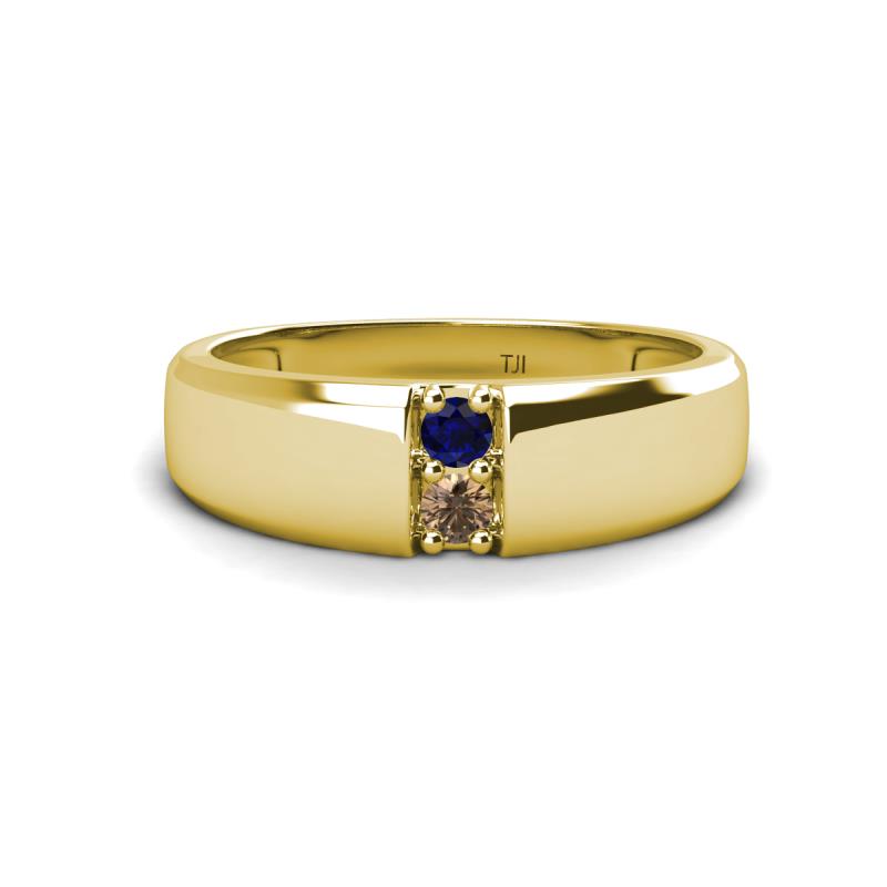 Ethan 3.00 mm Round Blue Sapphire and Smoky Quartz 2 Stone Men Wedding Ring 