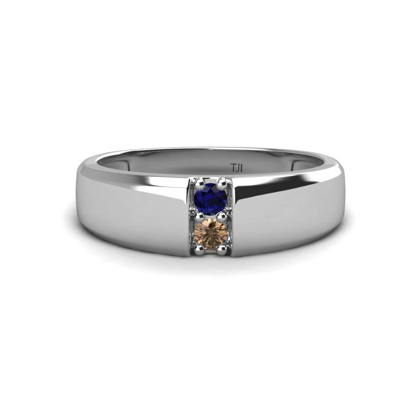 Ethan 3.00 mm Round Blue Sapphire and Smoky Quartz 2 Stone Men Wedding Ring 