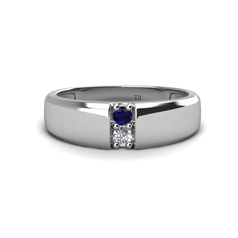Ethan 3.00 mm Round Blue Sapphire and Forever Brilliant Moissanite 2 Stone Men Wedding Ring 