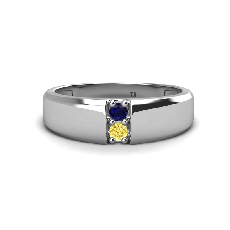 Ethan 3.00 mm Round Blue Sapphire and Yellow Sapphire 2 Stone Men Wedding Ring 