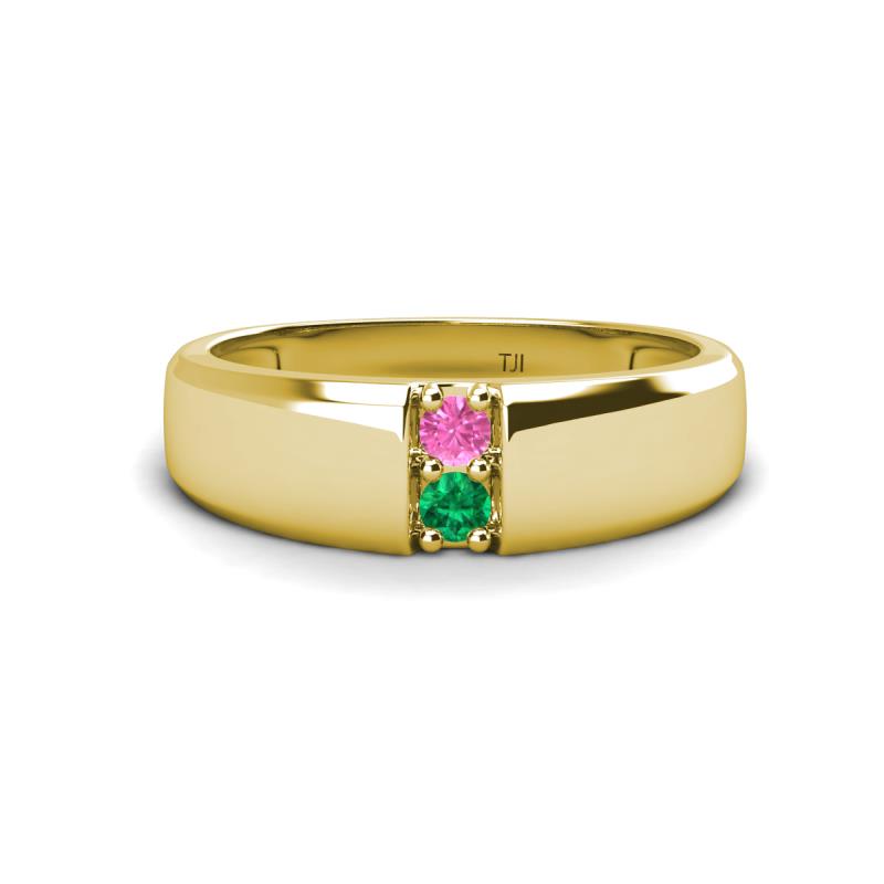 Ethan 3.00 mm Round Pink Sapphire and Emerald 2 Stone Men Wedding Ring 