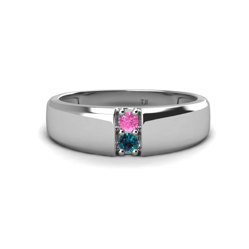 Ethan 3.00 mm Round Pink Sapphire and Blue Diamond 2 Stone Men Wedding Ring 