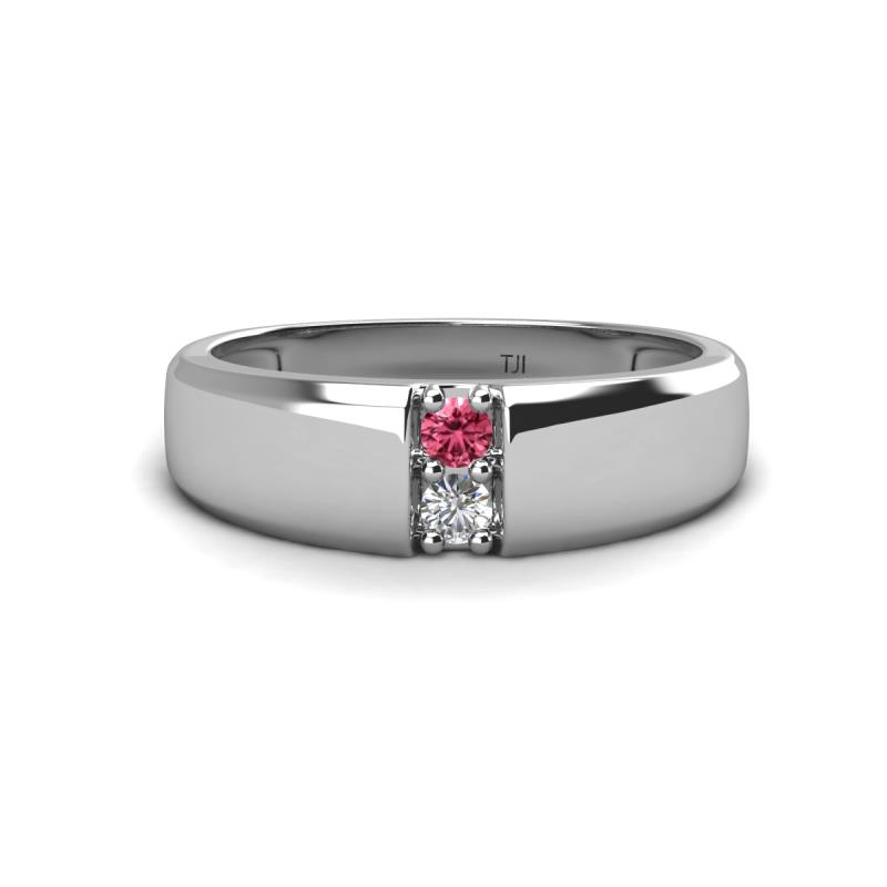Ethan 3.00 mm Round Pink Tourmaline and Forever Brilliant Moissanite 2 Stone Men Wedding Ring 