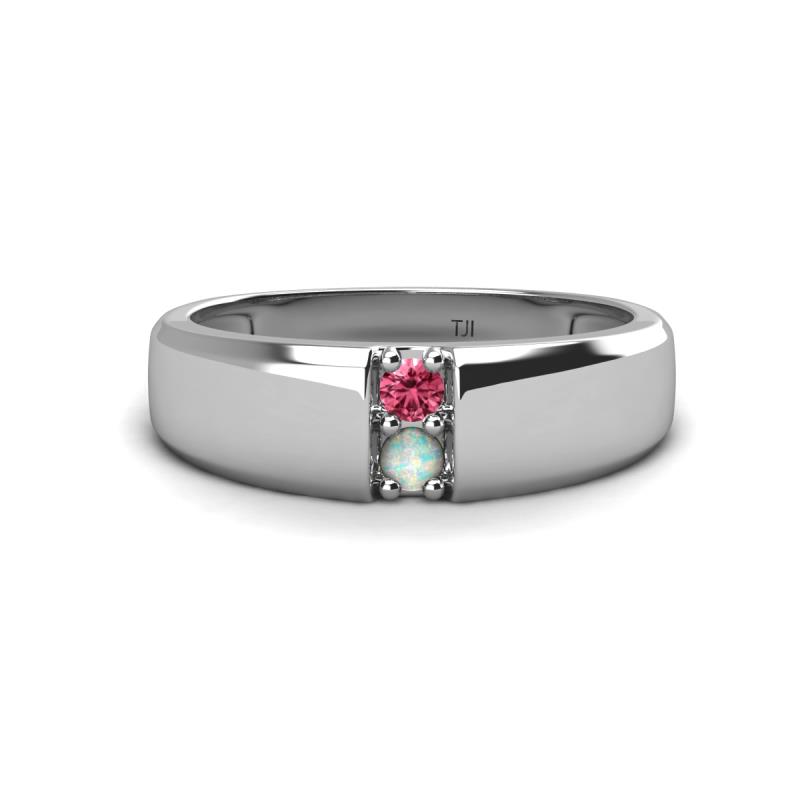 Ethan 3.00 mm Round Pink Tourmaline and Opal 2 Stone Men Wedding Ring 