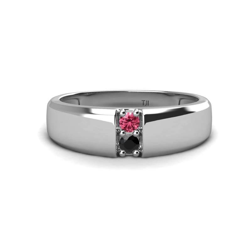 Ethan 3.00 mm Round Pink Tourmaline and Black Diamond 2 Stone Men Wedding Ring 