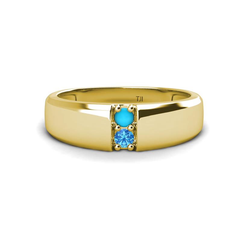 Ethan 3.00 mm Round Turquoise and Blue Topaz 2 Stone Men Wedding Ring 