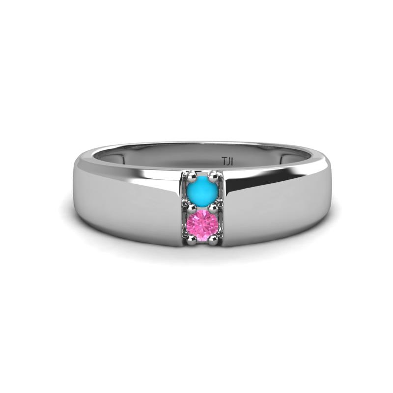 Ethan 3.00 mm Round Turquoise and Pink Sapphire 2 Stone Men Wedding Ring 