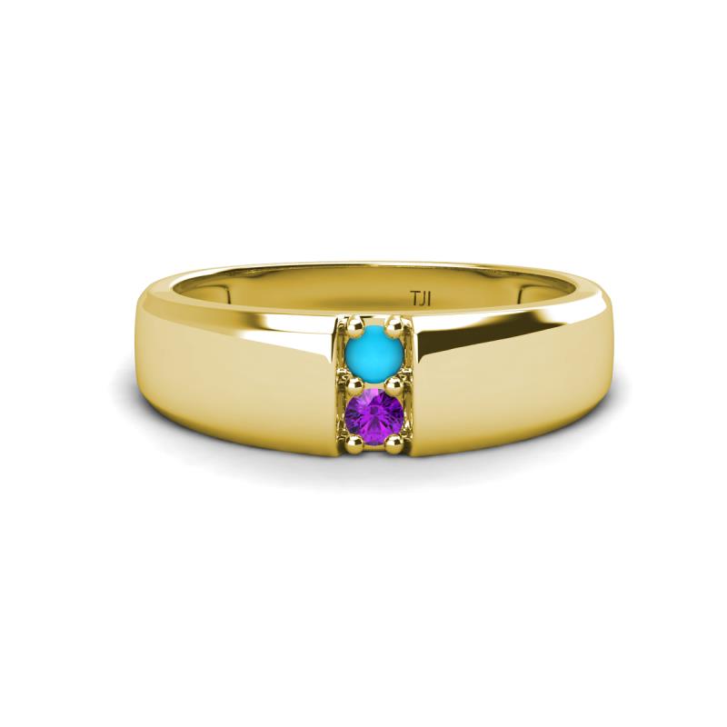 Ethan 3.00 mm Round Turquoise and Amethyst 2 Stone Men Wedding Ring 