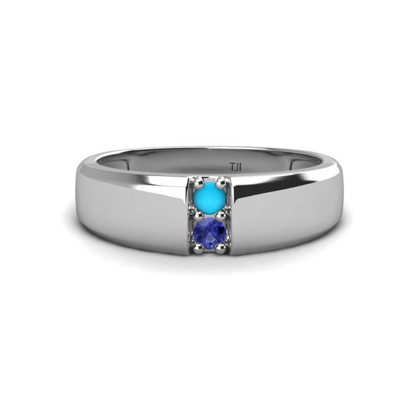 Ethan 3.00 mm Round Turquoise and Iolite 2 Stone Men Wedding Ring 