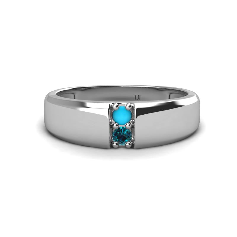 Ethan 3.00 mm Round Turquoise and Blue Diamond 2 Stone Men Wedding Ring 