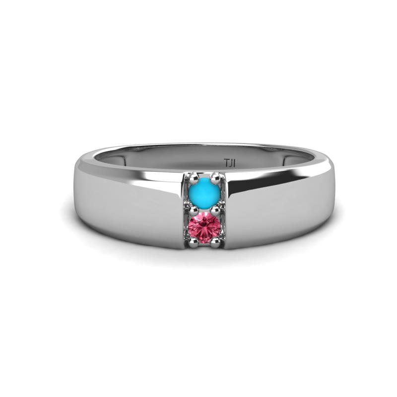 Ethan 3.00 mm Round Turquoise and Pink Tourmaline 2 Stone Men Wedding Ring 