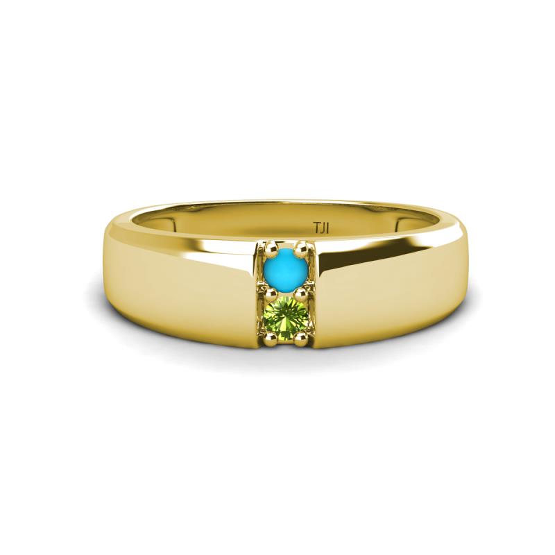Ethan 3.00 mm Round Turquoise and Peridot 2 Stone Men Wedding Ring 