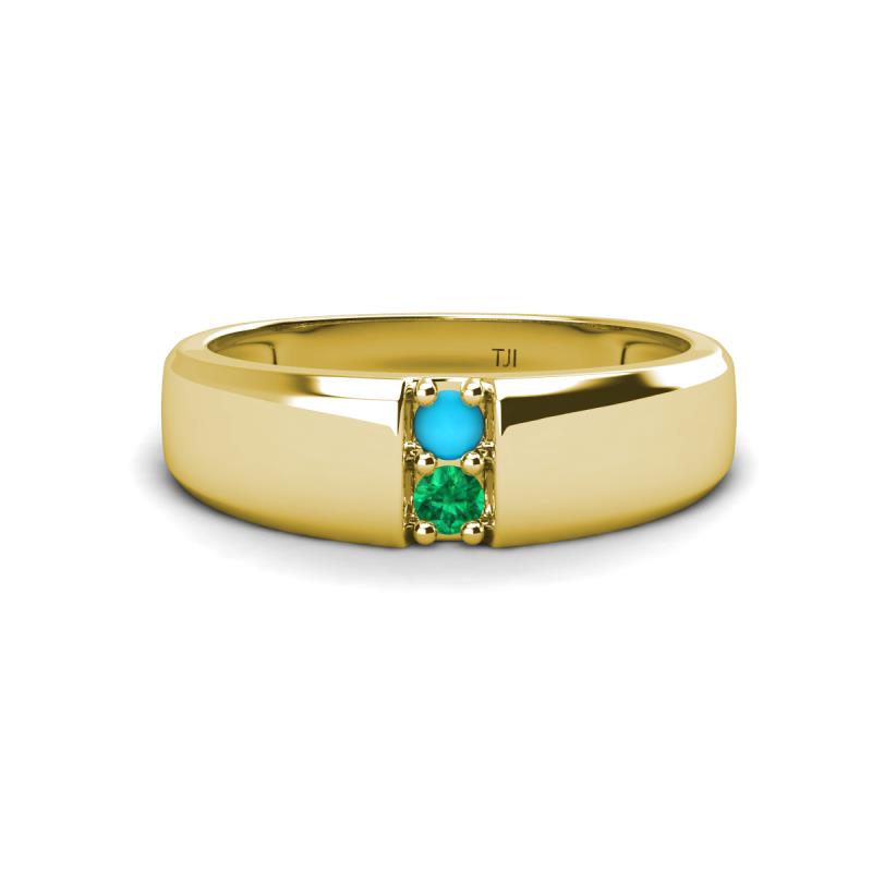 Ethan 3.00 mm Round Turquoise and Emerald 2 Stone Men Wedding Ring 