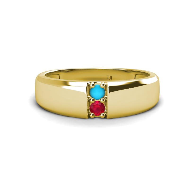 Ethan 3.00 mm Round Turquoise and Ruby 2 Stone Men Wedding Ring 