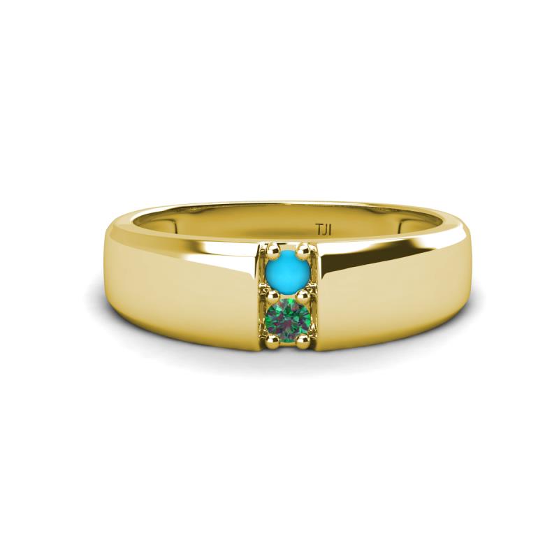 Ethan 3.00 mm Round Turquoise and Lab Created Alexandrite 2 Stone Men Wedding Ring 