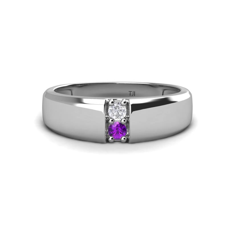 Ethan 3.00 mm Round White Sapphire and Amethyst 2 Stone Men Wedding Ring 