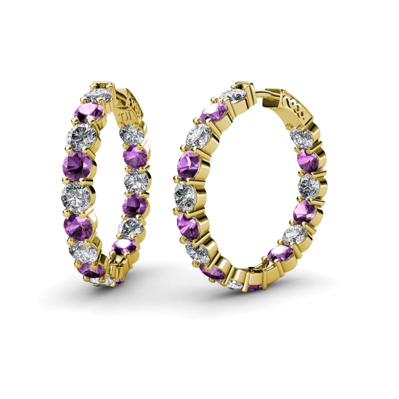 Carisa Amethyst and Diamond Hoop Earrings Round Amethyst and Diamond ctw Common Prong Inside Out Womens Hoop Earrings K Yellow Gold