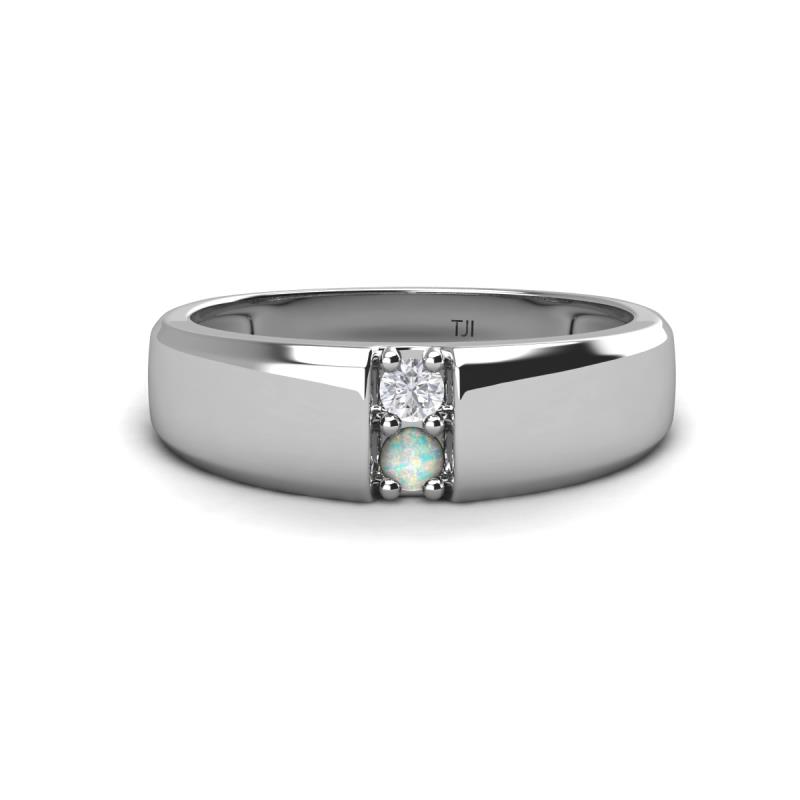 Ethan 3.00 mm Round White Sapphire and Opal 2 Stone Men Wedding Ring 