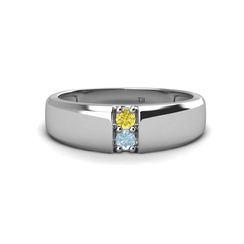 Ethan 3.00 mm Round Yellow Diamond and Aquamarine 2 Stone Men Wedding Ring 
