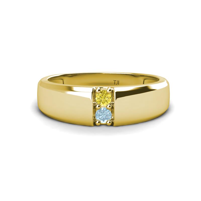Ethan 3.00 mm Round Yellow Diamond and Aquamarine 2 Stone Men Wedding Ring 