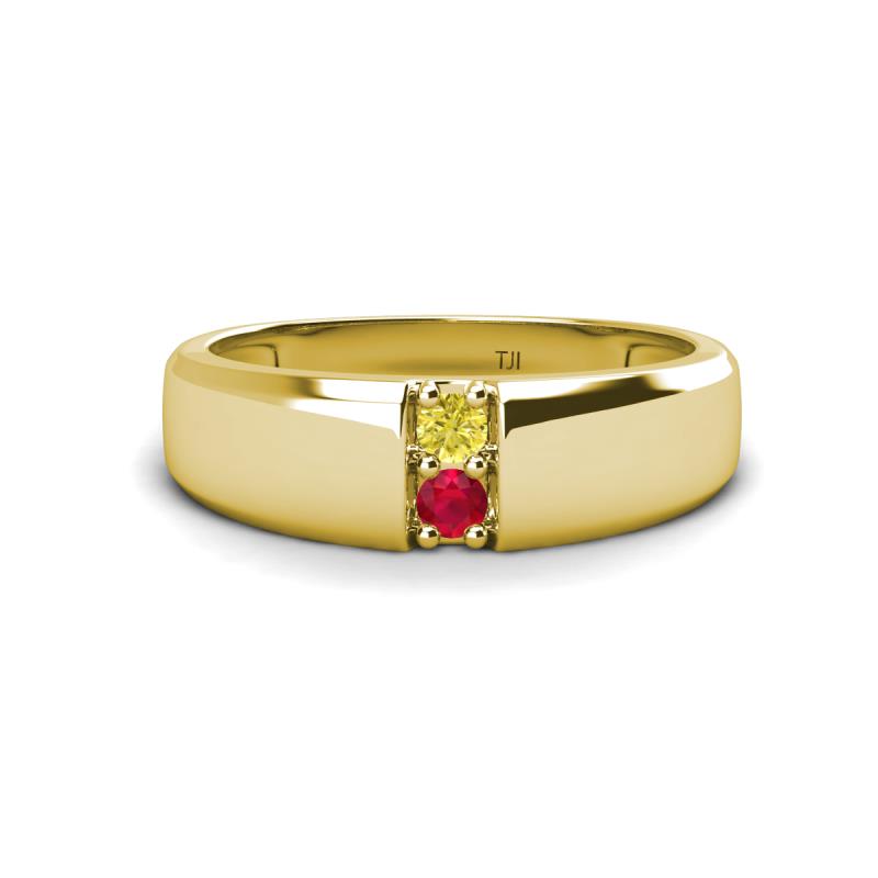 Ethan 3.00 mm Round Yellow Diamond and Ruby 2 Stone Men Wedding Ring 