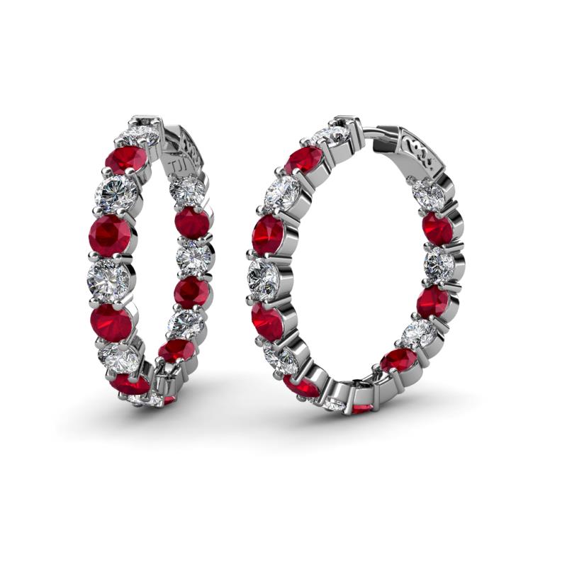 Carisa 11.36 ctw (4.50 mm) Inside Outside Round Lab Created Ruby and Natural Diamond Eternity Hoop Earrings 