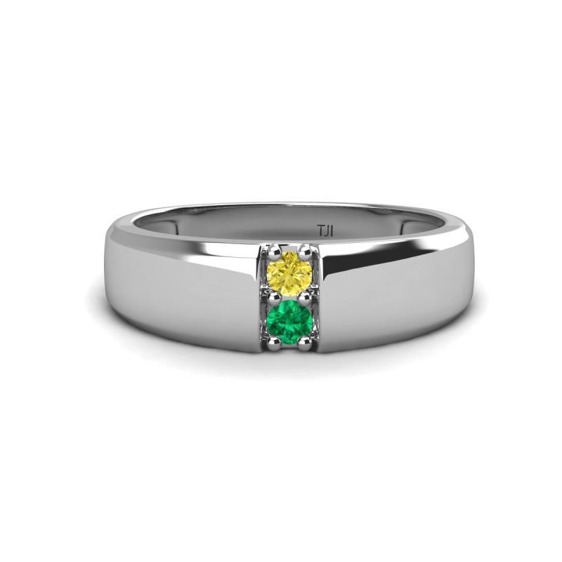 Ethan 3.00 mm Round Yellow Diamond and Emerald 2 Stone Men Wedding Ring 