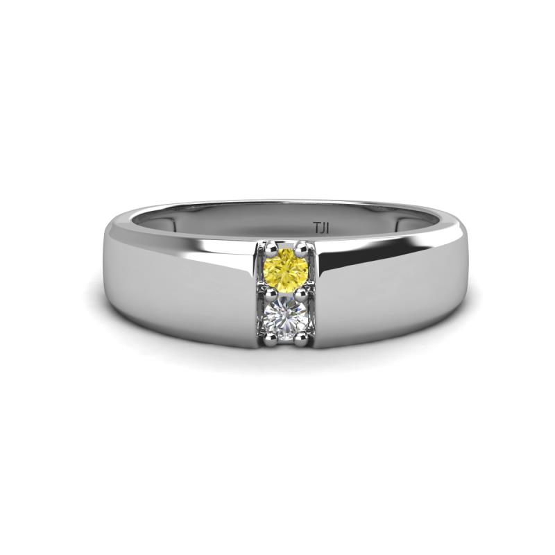 Ethan 3.00 mm Round Yellow Diamond and Forever Brilliant Moissanite 2 Stone Men Wedding Ring 