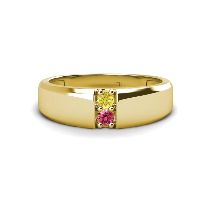 Ethan 3.00 mm Round Yellow Diamond and Pink Tourmaline 2 Stone Men Wedding Ring 