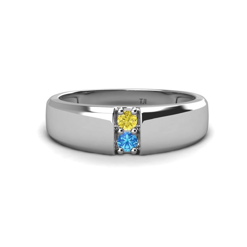 Ethan 3.00 mm Round Yellow Diamond and Blue Topaz 2 Stone Men Wedding Ring 