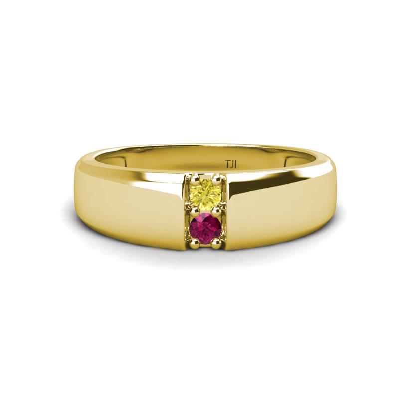 Ethan 3.00 mm Round Yellow Diamond and Rhodolite Garnet 2 Stone Men Wedding Ring 