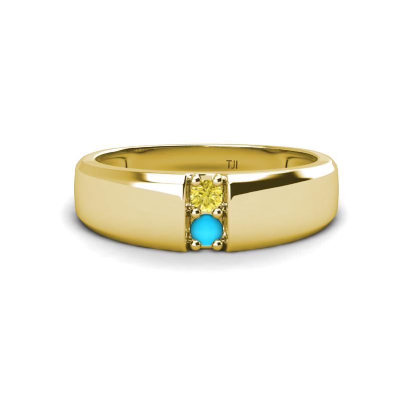 Ethan 3.00 mm Round Yellow Diamond and Turquoise 2 Stone Men Wedding Ring 