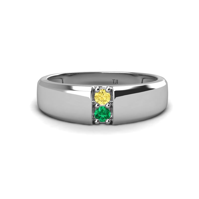Ethan 3.00 mm Round Yellow Sapphire and Emerald 2 Stone Men Wedding Ring 