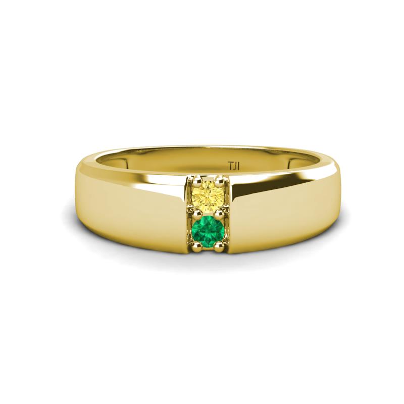 Ethan 3.00 mm Round Yellow Sapphire and Emerald 2 Stone Men Wedding Ring 