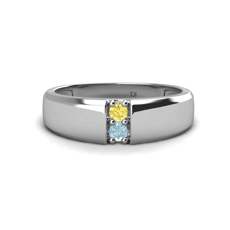 Ethan 3.00 mm Round Yellow Sapphire and Aquamarine 2 Stone Men Wedding Ring 