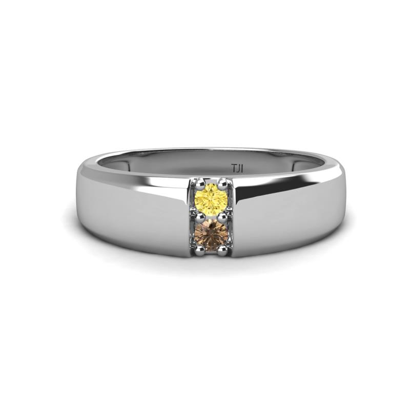 Ethan 3.00 mm Round Yellow Sapphire and Smoky Quartz 2 Stone Men Wedding Ring 