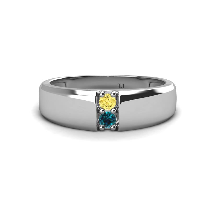 Ethan 3.00 mm Round Yellow Sapphire and Blue Diamond 2 Stone Men Wedding Ring 