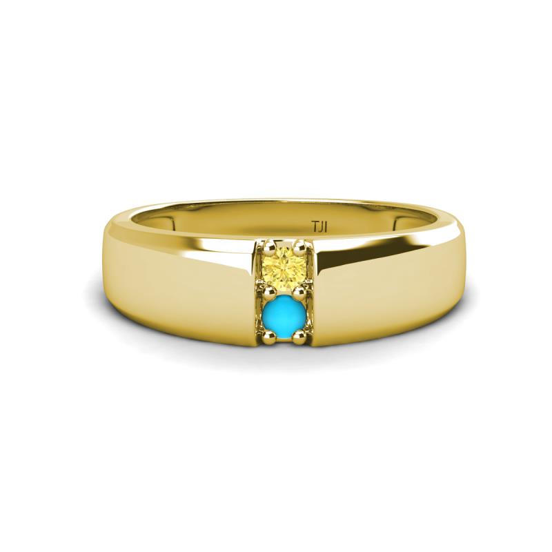 Ethan 3.00 mm Round Yellow Sapphire and Turquoise 2 Stone Men Wedding Ring 