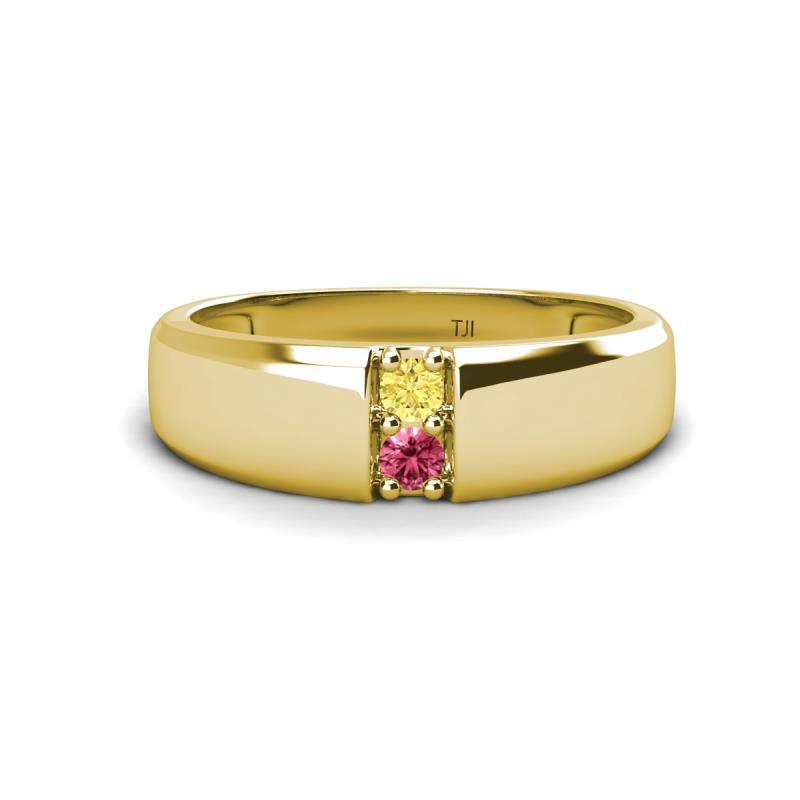 Ethan 3.00 mm Round Yellow Sapphire and Pink Tourmaline 2 Stone Men Wedding Ring 