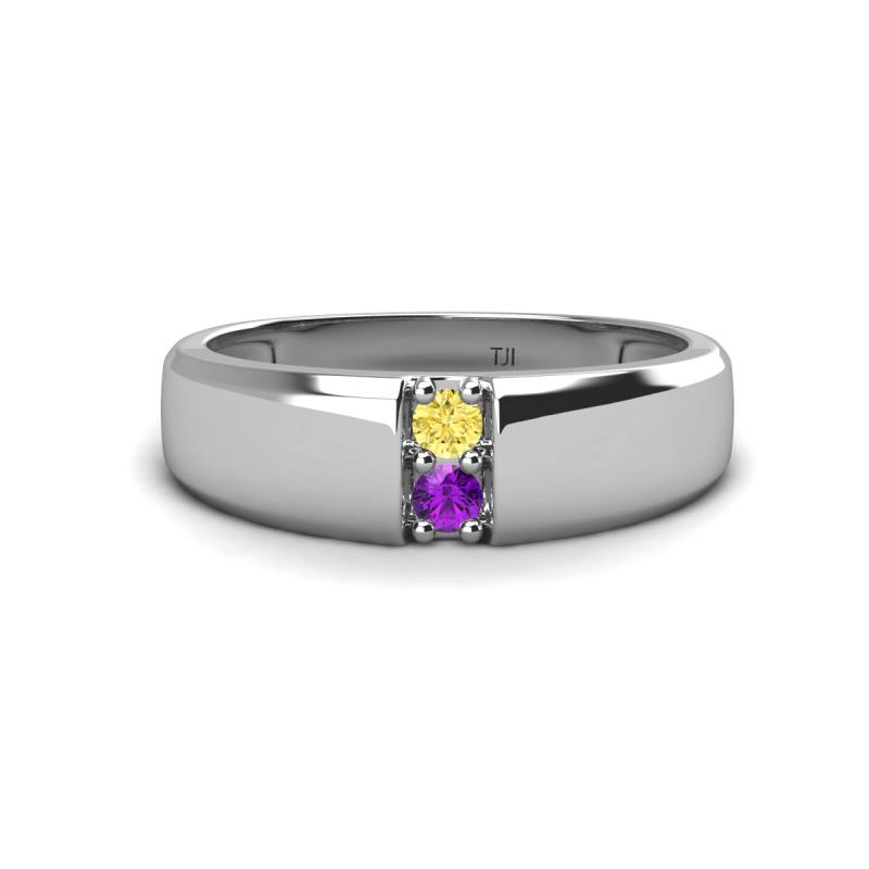 Ethan 3.00 mm Round Yellow Sapphire and Amethyst 2 Stone Men Wedding Ring 