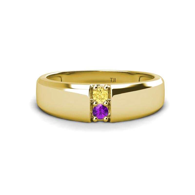 Ethan 3.00 mm Round Yellow Sapphire and Amethyst 2 Stone Men Wedding Ring 
