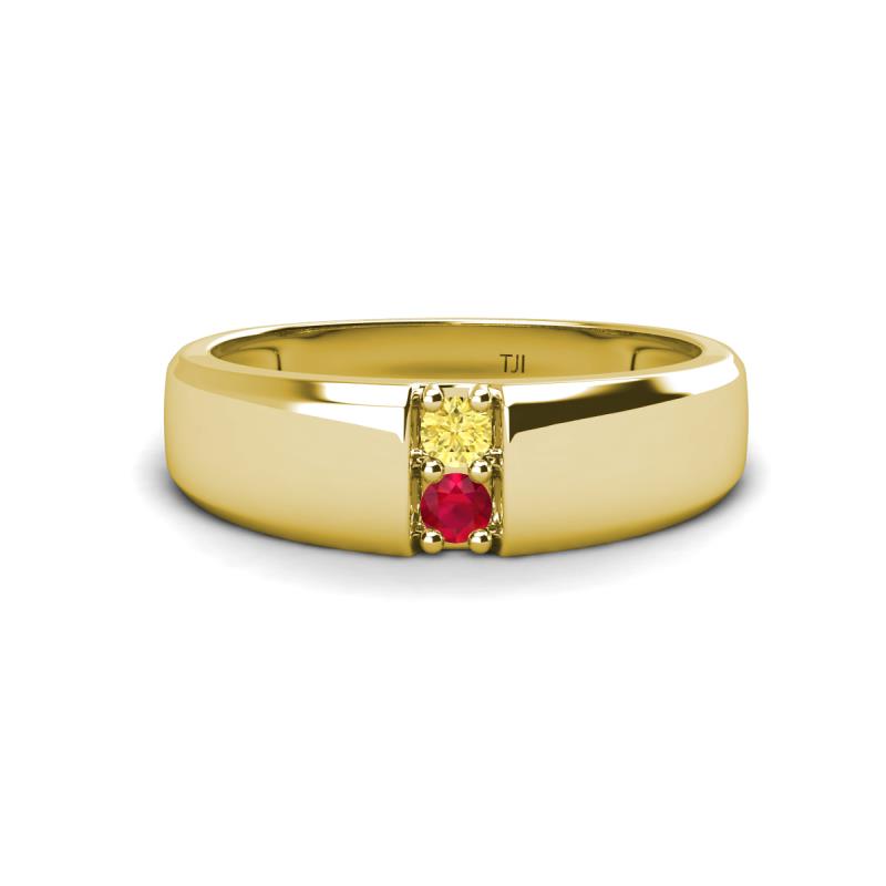 Ethan 3.00 mm Round Yellow Sapphire and Ruby 2 Stone Men Wedding Ring 