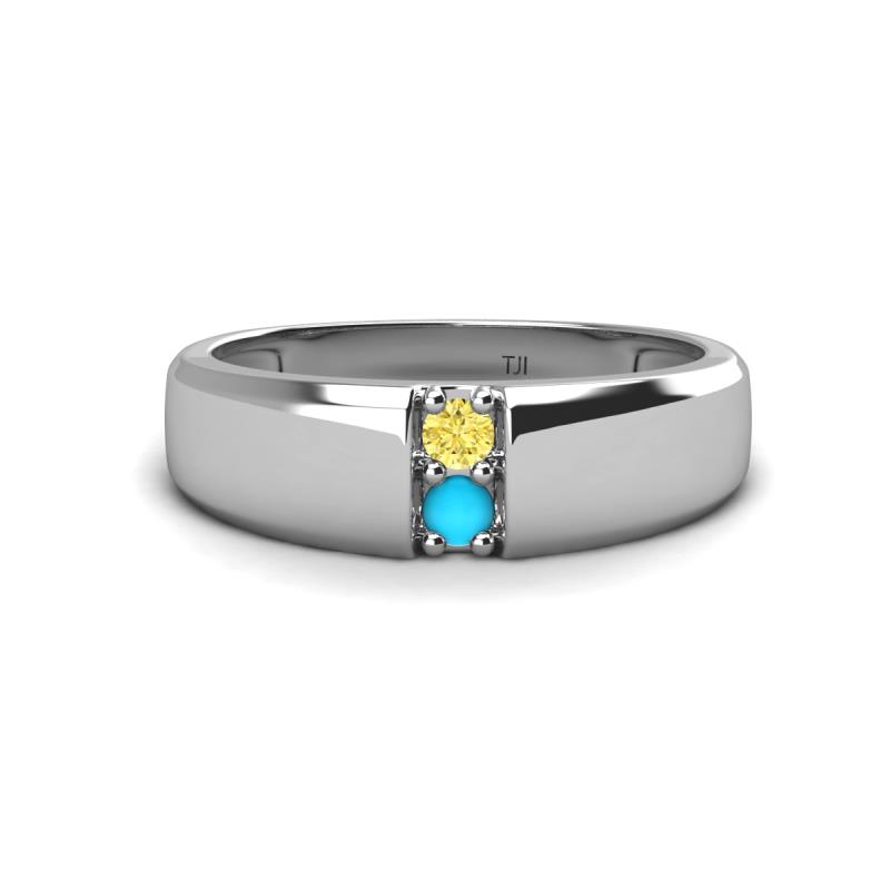 Ethan 3.00 mm Round Yellow Sapphire and Turquoise 2 Stone Men Wedding Ring 